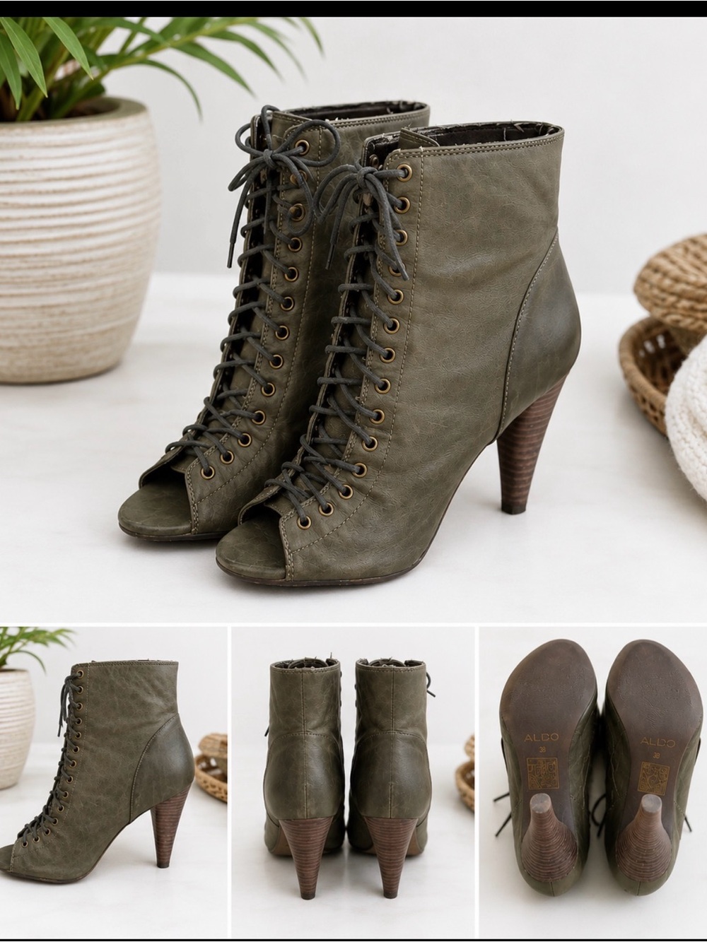 ALDO Olive Green Lace-Up Peep Toe Ankle Booties Heels EU 38 / US 8